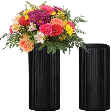 Flower Vase, 2 Pieces Plastic Flower Vases Striped Modern Durable Black Vase for Living Room Office Wedding Decoration (20 x 10 cm) - Image 2