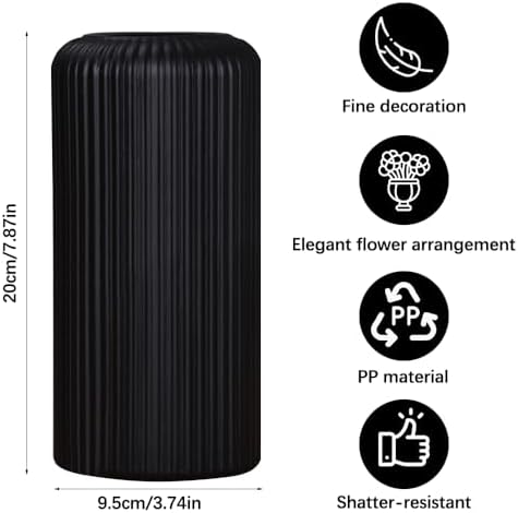 Flower Vase, 2 Pieces Plastic Flower Vases Striped Modern Durable Black Vase for Living Room Office Wedding Decoration (20 x 10 cm) - Image 3