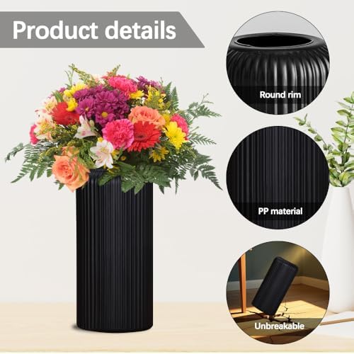 Flower Vase, 2 Pieces Plastic Flower Vases Striped Modern Durable Black Vase for Living Room Office Wedding Decoration (20 x 10 cm) - Image 4