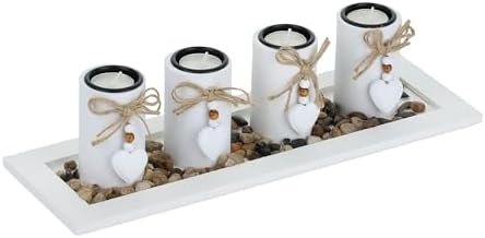 Relaxdays Candle Holder Set with Tray and Decorative Stones, 39.5 cm Long, 4 Tealights, Table Decoration, White - Image 2