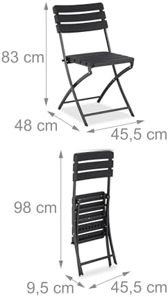 Relaxdays Balcony Furniture Set, Table and 2 Garden Chairs, Foldable, Wood Effect, Steel and Plastic, Black, 74 x 61 x 61 cm - Image 6