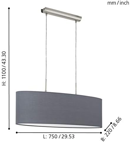 EGLO Lámpara colgante PASTERI, lámpara de suspensión textil con 2 bombillas, lámpara suspendida ovalada de acero y tela, color níquel mate, gris, casquillo E27, L 75 cm - Image 7