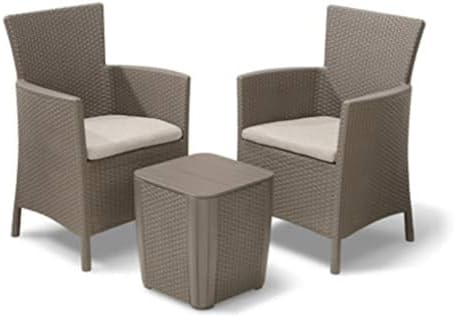 Keter Iowa Outdoor Garden Patio Balcony Set 2 Seater with Cushions Included and Side Storage Table, Resin with Flat Rattan Finish, Cappuccino Colour - Image 2