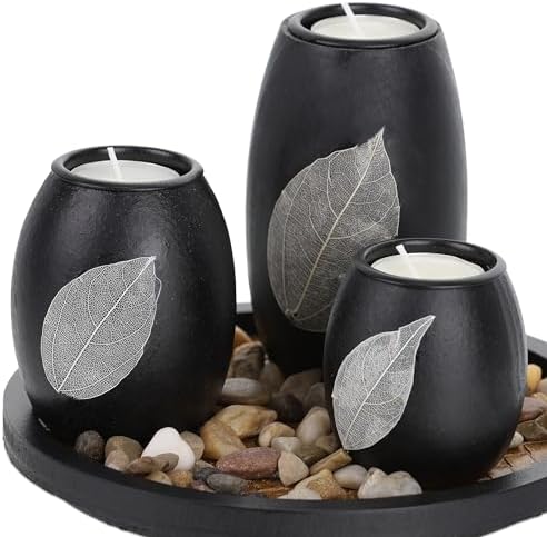 Relaxdays Teelichthalter mit Tablett & Steinen Set Candle Holder with Tray and Decorative Stones, Ø 19.5 cm, 3 Tealights, Table Decoration, Black/Brown, Fibreboard, 19.5 cm - Image 7