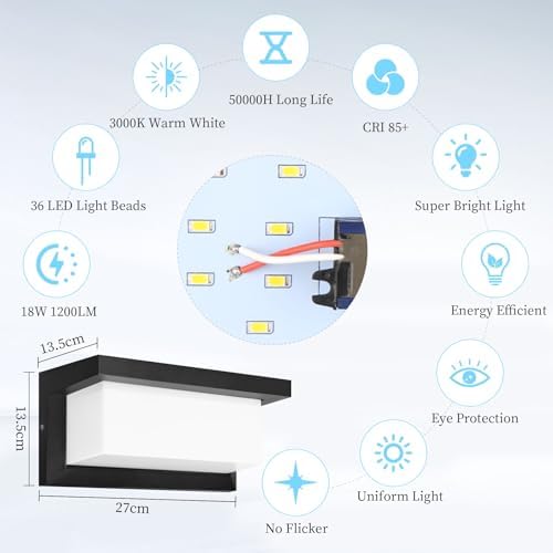 YICALE Outdoor Wall Light 18 W Outdoor Wall Lamp Waterproof IP65 LED Light Ilighting 6500 K Aluminium LED Wall Light for Garden, Terrace, Patio, Villa, Hallway - Image 6