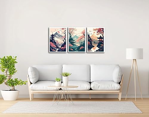 Set of 3 Wooden Base Paintings, Living Room Decoration, Modern, Bedrooms, Room, Oriental, Japanese, Chinese with Metal Hangers, (29 x 20 cm Each Picture) - Image 3