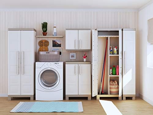 Keter Excellence Escubierta Wardrobe Storage Broom Cabinet | Resin | 2 Doors and 4 Shelves, 3 Height Adjustable and 1 Fixed | Sand/Grey | 182 x 65 x 45 cm - Image 3