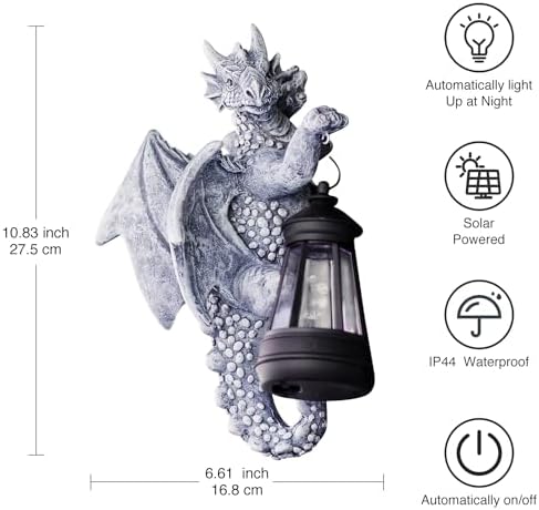 Garden Dragon Statue with Solar Lantern, Welcome Sign for Outdoor Decor and Tree Face, Perfect Gift Idea for Gardening, 5.5" x 10.6" - Image 4