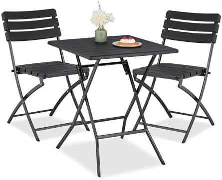 Relaxdays Balcony Furniture Set, Table and 2 Garden Chairs, Foldable, Wood Effect, Steel and Plastic, Black, 74 x 61 x 61 cm - Image 2