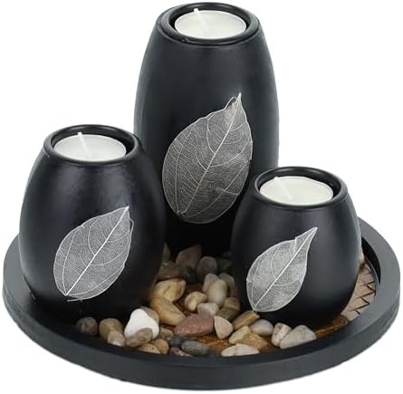 Relaxdays Teelichthalter mit Tablett & Steinen Set Candle Holder with Tray and Decorative Stones, Ø 19.5 cm, 3 Tealights, Table Decoration, Black/Brown, Fibreboard, 19.5 cm - Image 2