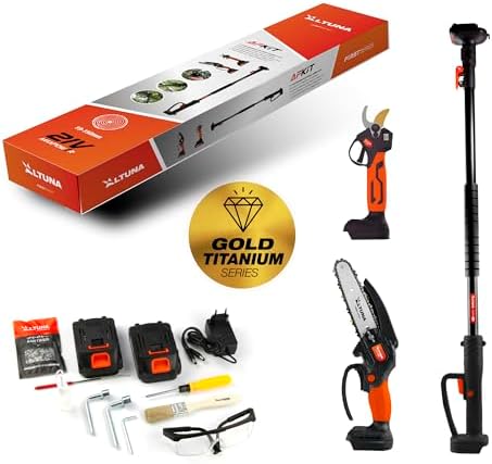 Altuna Titanium Battery Pruning Kit – Battery Chainsaw + Electric Pruning Shears + Telescopic Pole for Pruning in Height up to 3.7 Metres – Includes 2 Batteries – with Charger and Glasses - Image 7