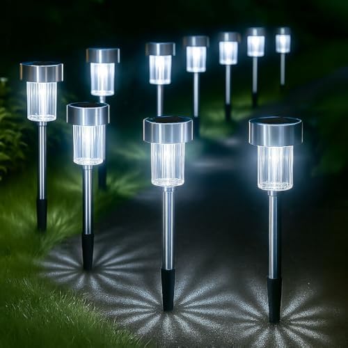 GloBrite 10 Pack Solar Garden Lights Outdoor, Waterproof Stainless Steel Solar LED Lights with Stake for Pathway, Driveway, Yard, Walkway, Lawn, Yard and Yard Decor - Image 2