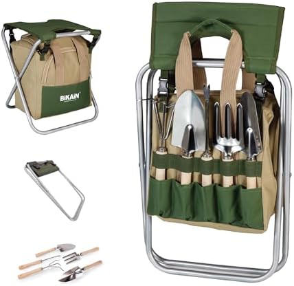 BIKAIN - Gardening Tools - Folding Stool + Bag + Tools - Gardening Kit - Storage Bag with Zipper - Includes 5 Tools with Wooden Handle - Image 4