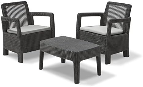 Keter Tarifa Balcony Outdoor Garden or Terrace Set 2 Seater and Table with Cushions Included, Resin with Round Rattan Finish, Graphite Colour - Image 2