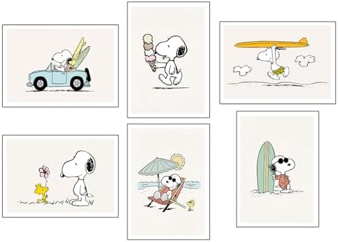 Set of 6 Wooden Paintings, Living Room Decoration, Modern, Bedroom, Bedroom, Children's Room, Drawings, Plush Toys, Snoopy with Metal Hangers, (29 x 20 cm Each Picture) - Image 2