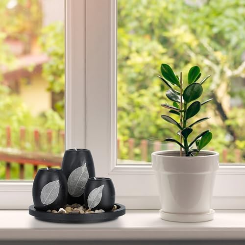 Relaxdays Teelichthalter mit Tablett & Steinen Set Candle Holder with Tray and Decorative Stones, Ø 19.5 cm, 3 Tealights, Table Decoration, Black/Brown, Fibreboard, 19.5 cm - Image 3