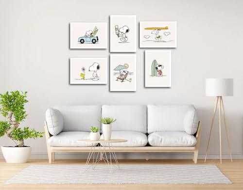 Set of 6 Wooden Paintings, Living Room Decoration, Modern, Bedroom, Bedroom, Children's Room, Drawings, Plush Toys, Snoopy with Metal Hangers, (29 x 20 cm Each Picture) - Image 3