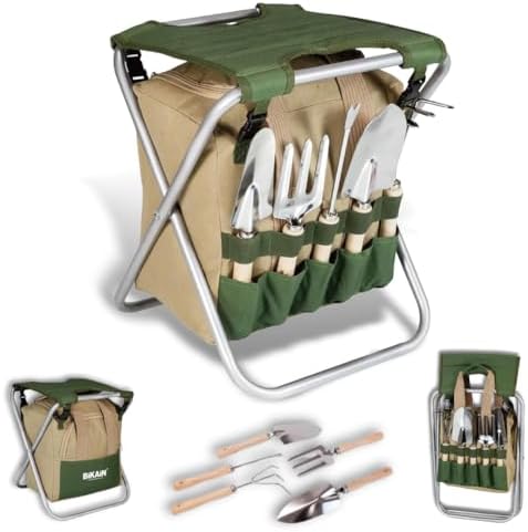 BIKAIN - Gardening Tools - Folding Stool + Bag + Tools - Gardening Kit - Storage Bag with Zipper - Includes 5 Tools with Wooden Handle - Image 2
