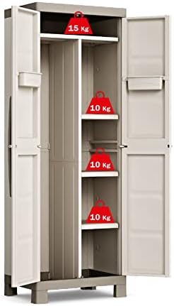 Keter Excellence Escubierta Wardrobe Storage Broom Cabinet | Resin | 2 Doors and 4 Shelves, 3 Height Adjustable and 1 Fixed | Sand/Grey | 182 x 65 x 45 cm - Image 6