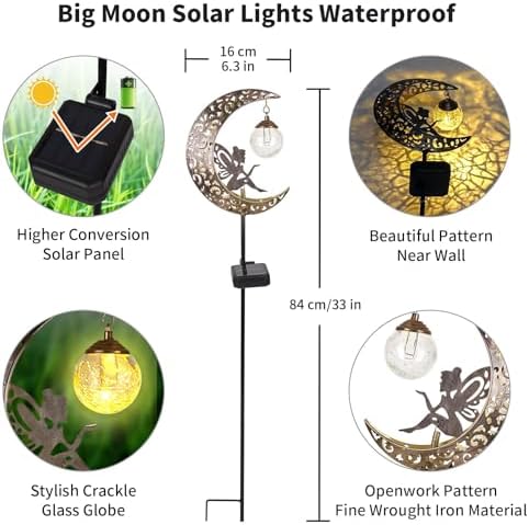 Solar Garden Lights Outdoor Waterproof Moon Fairy Solar Cracked Glass Lights LED Ornament Metal Stake for Walkway Yard Lawn Decor Gift Ideas - Image 5