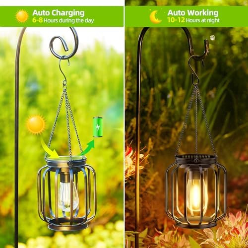 Solar Lights Outdoor Garden 2 Pack Hanging Solar Lantern with Chain and Hook, Outdoor Metal Waterproof Garden Ornaments for Pathway Yard Decoration - Image 3