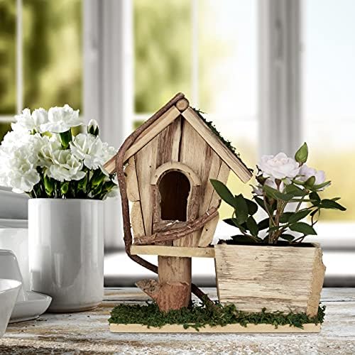 Relaxdays Wooden Planter with Birdhouse Ornamental, Bark, Moss, Square Planter, Indoor, Outdoor, Natural/Green - Image 3
