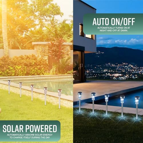 GloBrite 10 Pack Solar Garden Lights Outdoor, Waterproof Stainless Steel Solar LED Lights with Stake for Pathway, Driveway, Yard, Walkway, Lawn, Yard and Yard Decor - Image 3