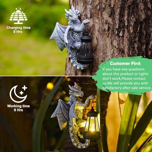 Garden Dragon Statue with Solar Lantern, Welcome Sign for Outdoor Decor and Tree Face, Perfect Gift Idea for Gardening, 5.5" x 10.6" - Image 5