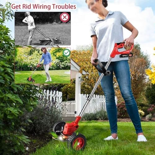 21V Cordless Brushcutter, Lightweight Garden Brushcutter with 2 Batteries and 13 Removable Blades and Wheels, Adjustable Height Electric Brushcutter for Gardens and Lawns - Image 4