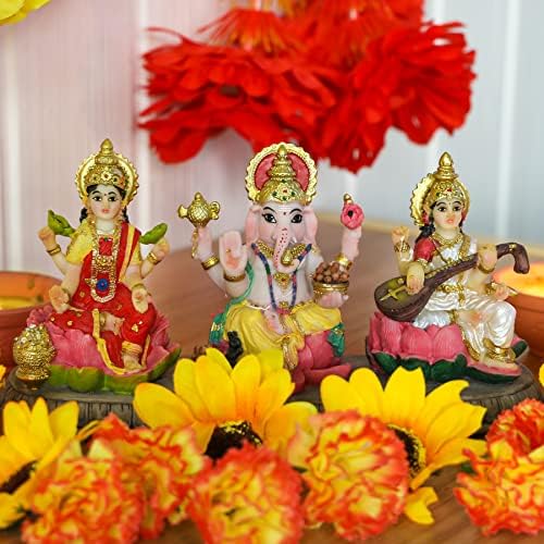 India Statue Laxmi Ganesh Saraswati - 3.9 Inch Tall Indian God Lakshmi Ganesha Saraswati Idol Figurine Hindu Diwali Gifts Diwali Decor House Office Mandir Temple Pooja Item - Image 3