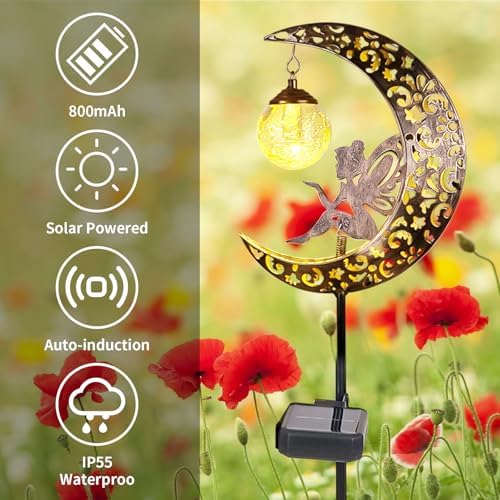 Solar Garden Lights Outdoor Waterproof Moon Fairy Solar Cracked Glass Lights LED Ornament Metal Stake for Walkway Yard Lawn Decor Gift Ideas - Image 3