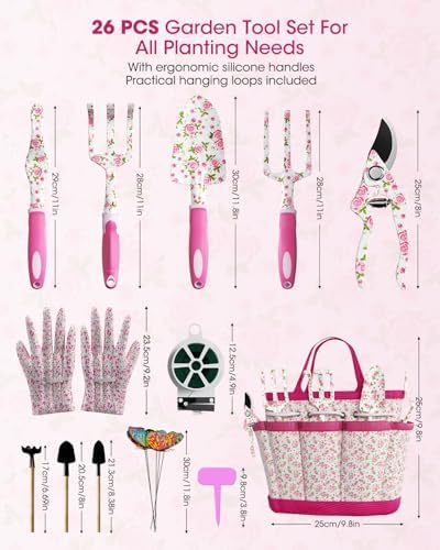 MYMULIKE Garden Tools for Women, 26 Pcs Floral Style Gardening Tool Set, Gardening Gift Kit with Gloves, Storage Bag, Garden Accessories - Image 3