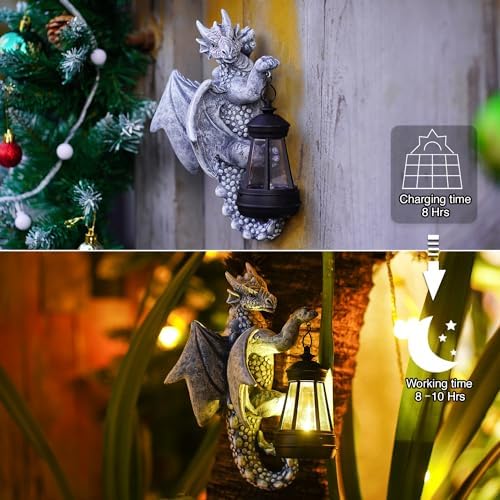 Garden Dragon Statue with Solar Lantern, Welcome Sign for Outdoor Decor and Tree Face, Perfect Gift Idea for Gardening, 5.5" x 10.6" - Image 6