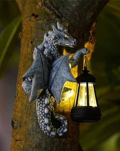 Garden Dragon Statue with Solar Lantern, Welcome Sign for Outdoor Decor and Tree Face, Perfect Gift Idea for Gardening, 5.5" x 10.6" - Image 2