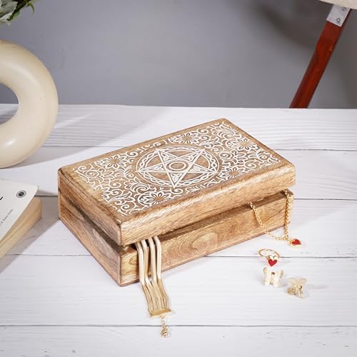 Ajuny Mango Wood Jewellery Box 20 × 13 × 6.5 cm – Vintage Hand-Carved Box with Star and Flower Motifs, Jewellery and Watch Organizer, Decorative Keepsake Box, Gift Idea - Image 7