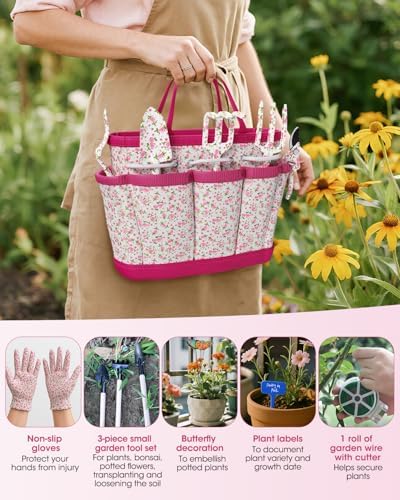 MYMULIKE Garden Tools for Women, 26 Pcs Floral Style Gardening Tool Set, Gardening Gift Kit with Gloves, Storage Bag, Garden Accessories - Image 6