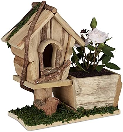 Relaxdays Wooden Planter with Birdhouse Ornamental, Bark, Moss, Square Planter, Indoor, Outdoor, Natural/Green - Image 2