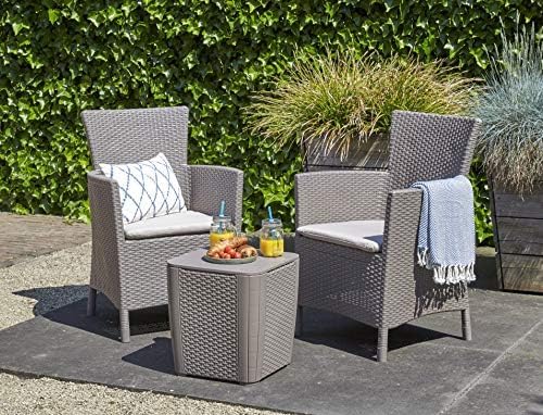 Keter Iowa Outdoor Garden Patio Balcony Set 2 Seater with Cushions Included and Side Storage Table, Resin with Flat Rattan Finish, Cappuccino Colour - Image 6