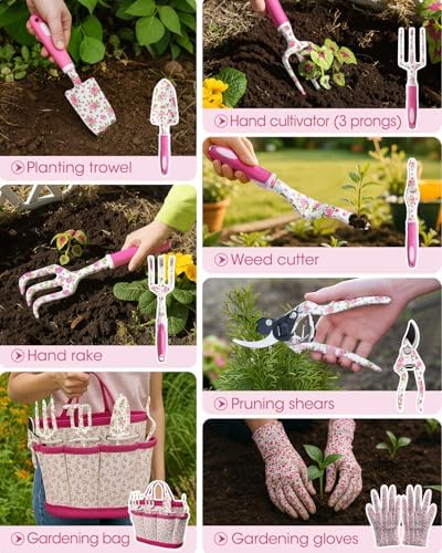MYMULIKE Garden Tools for Women, 26 Pcs Floral Style Gardening Tool Set, Gardening Gift Kit with Gloves, Storage Bag, Garden Accessories - Image 7
