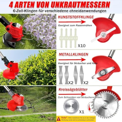 21V Cordless Brushcutter, Lightweight Garden Brushcutter with 2 Batteries and 13 Removable Blades and Wheels, Adjustable Height Electric Brushcutter for Gardens and Lawns - Image 7