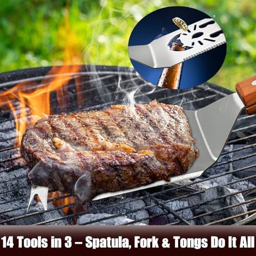BBQ Tools Set with Grill Spatula, 14 in 1 Grill Utensils with Spatula, Fork and Tongs, Heavy Duty Stainless Steel BBQ Accessories for Men and - Image 5