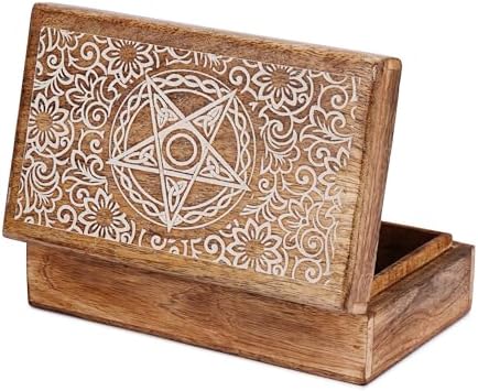 Ajuny Mango Wood Jewellery Box 20 × 13 × 6.5 cm – Vintage Hand-Carved Box with Star and Flower Motifs, Jewellery and Watch Organizer, Decorative Keepsake Box, Gift Idea - Image 2