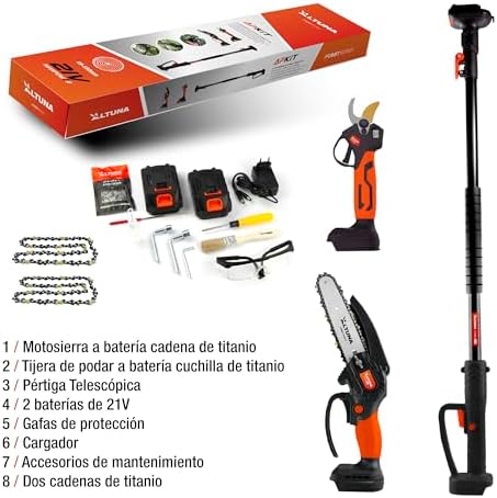 Altuna Titanium Battery Pruning Kit – Battery Chainsaw + Electric Pruning Shears + Telescopic Pole for Pruning in Height up to 3.7 Metres – Includes 2 Batteries – with Charger and Glasses - Image 4