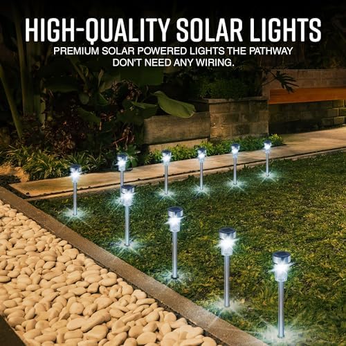 GloBrite 10 Pack Solar Garden Lights Outdoor, Waterproof Stainless Steel Solar LED Lights with Stake for Pathway, Driveway, Yard, Walkway, Lawn, Yard and Yard Decor - Image 4