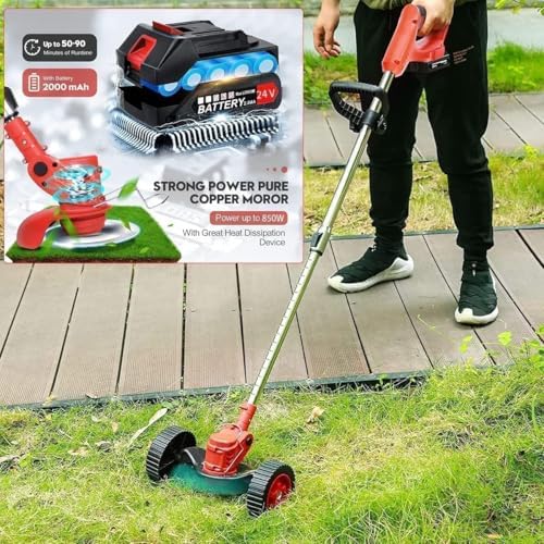 21V Cordless Brushcutter, Lightweight Garden Brushcutter with 2 Batteries and 13 Removable Blades and Wheels, Adjustable Height Electric Brushcutter for Gardens and Lawns - Image 5