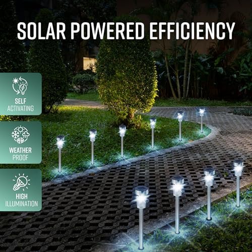 GloBrite 10 Pack Solar Garden Lights Outdoor, Waterproof Stainless Steel Solar LED Lights with Stake for Pathway, Driveway, Yard, Walkway, Lawn, Yard and Yard Decor - Image 5