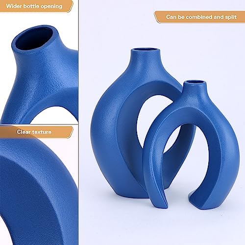Blue Ceramic Vase for Modern Home Decor, Matte Hollow Flower Vase for Las Pampas Grass, Bohemian Decor, Set of 2 Vases for Coffee Table, Office - Image 3