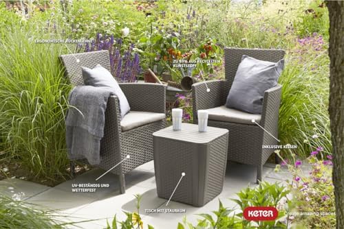 Keter Iowa Outdoor Garden Patio Balcony Set 2 Seater with Cushions Included and Side Storage Table, Resin with Flat Rattan Finish, Cappuccino Colour - Image 7