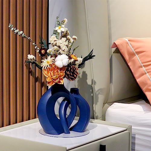 Blue Ceramic Vase for Modern Home Decor, Matte Hollow Flower Vase for Las Pampas Grass, Bohemian Decor, Set of 2 Vases for Coffee Table, Office - Image 6