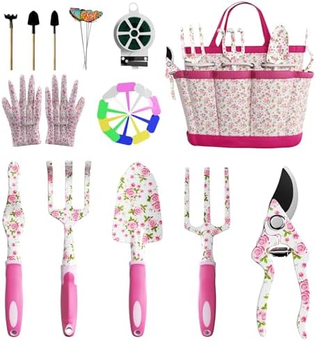 MYMULIKE Garden Tools for Women, 26 Pcs Floral Style Gardening Tool Set, Gardening Gift Kit with Gloves, Storage Bag, Garden Accessories - Image 2